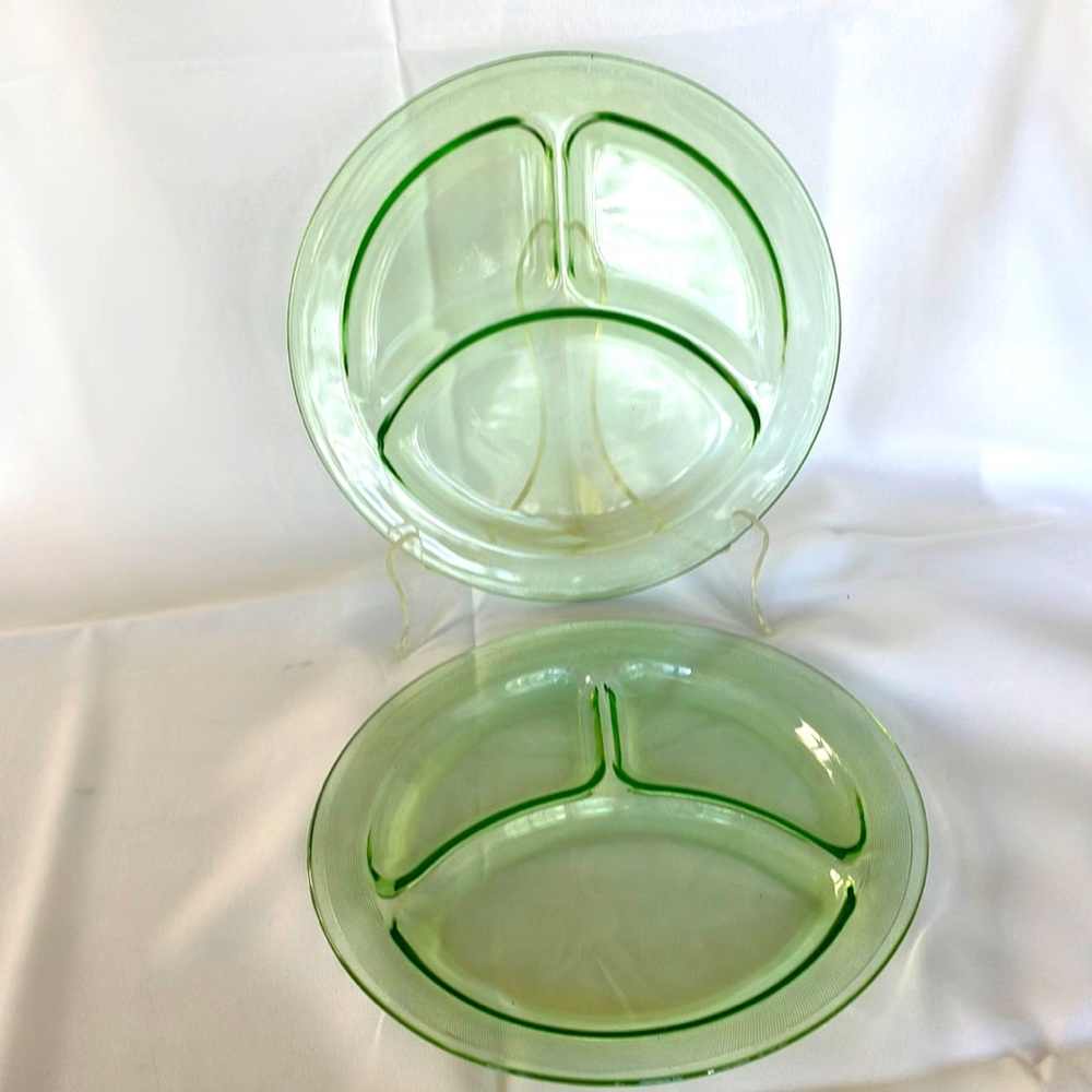 Vintage Depression Green Uranium Divided Plates, 9 1/2” Across